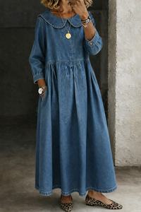 Women's Casual Midi Dress with Peter Pan Collar and Long Sleeves