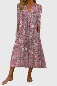 Women's Elegant V-Neck Midi Dress with Timeless Feminine Style