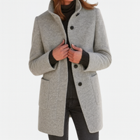 Women's Button-Front Long Coat with Stand Collar and Classic Design