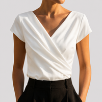 Women's Short Sleeve Draped Wrap V-Neck Blouse with Elegant Everyday Style