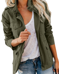 Women's Utility Jacket with Stand Collar and Multiple Pockets
