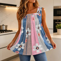 Women's Pleated Square Neck Tank Top with Flowy Swing Silhouette