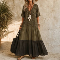 Women's Boho Color Block Maxi Dress with Leopard Print Bodice and V-Neck Design