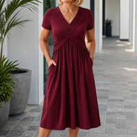 Women's V-Neck Cross-Front Pleated Midi Dress with Pocket Detail