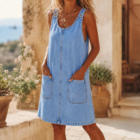Women's Casual Pinafore Dress with Front Pockets and Relaxed Fit
