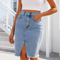 Women's High-Waisted Midi Skirt with Front Slit and Raw Hem Detail