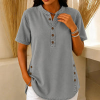 Women's Henley Tunic Top with Side Button Details and Relaxed Fit