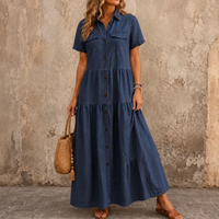 Women's Layered Denim Maxi Dress with Button Front