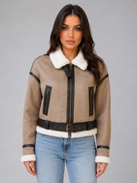 Women's Cropped Aviator Jacket with Teddy-Lined Interior and Biker Style