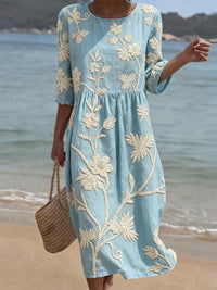 Women's Vintage Floral Embroidered Midi Dress with Flowing Silhouette