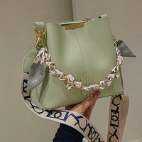 Women's Bucket Bag with Ribbon Chain and Crossbody Strap