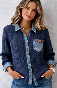 Women's Knit-Style Top with Denim-Inspired Details and Long Sleeves
