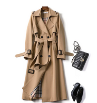 Women's Double-Breasted Trench Coat with Belted Waist and Classic Design