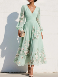 Women's Elegant Floral Print Midi Dress with Pleated Design