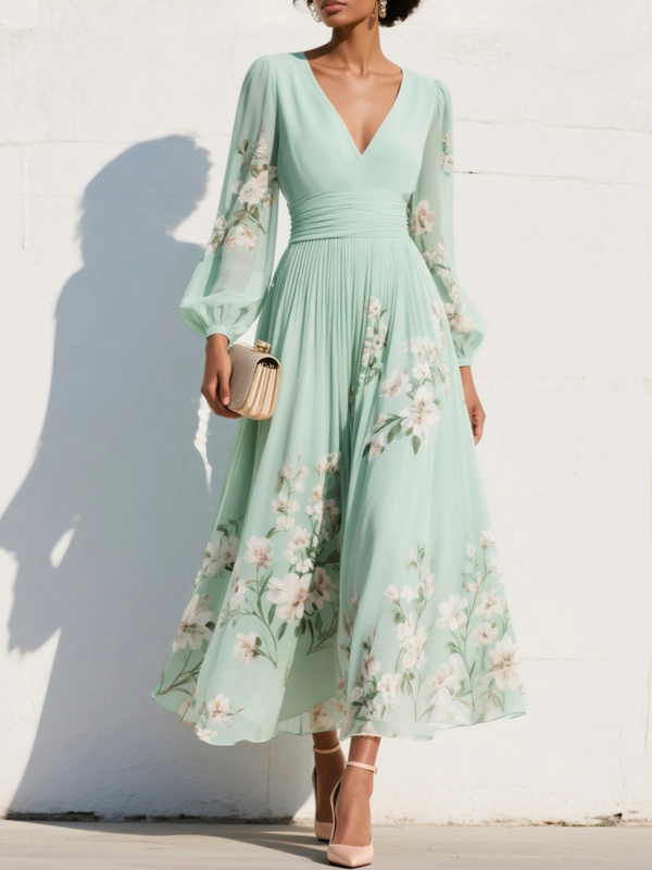 Women's Elegant Floral Print Midi Dress with Pleated Design