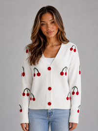 Women's Cherry Print V-Neck Cardigan with Button-Front Design