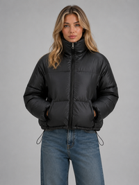 Women's Cropped Puffer Jacket with High Neck and Quilted Design