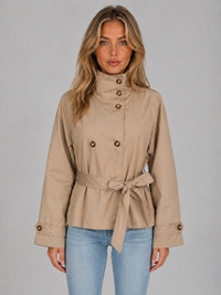 Women's Cropped Trench Jacket with Double-Breasted Buttons and Belt