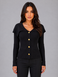 Women's Cape Collar Cardigan with Gold-Tone Buttons and Ribbed Design