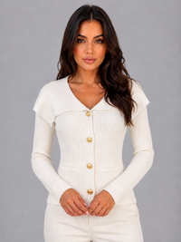 Women's Ribbed Cardigan with Gold Buttons and Cape Collar
