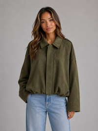 Women's Oversized Bomber Jacket with Collared Neck and Zip Front