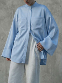 Women's Stand Collar Button-Up Blouse with Flared Long Sleeves and Pocket Detail