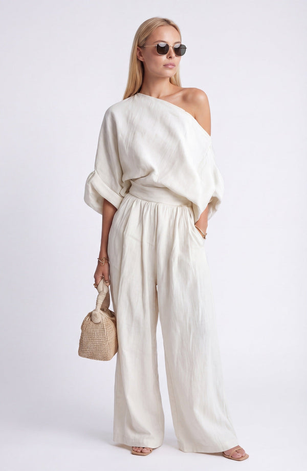 Women's Two-Piece Set with Blouse and Wide Leg Pants in Casual Chic Style