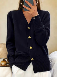 Women's Elegant V-Neck Cardigan with Heart-Shaped Button Details