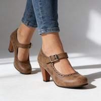 Women's Mary Jane Brogue Pumps with Block Heel and Vintage-Inspired Style