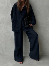 Women's Button-Up Pants Two-Piece Set with Long Sleeves and Lapel Collar