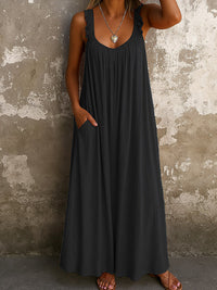 Women's Loose Pleated Maxi Dress with U-Neck and Tiered Flowy Design