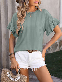 Women's Round Neck Wrap Top with Ruffle Detail and Short Sleeves