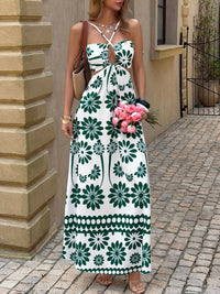 Women's Printed Spaghetti Strap Maxi Dress with Backless A-Line Design