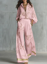 Women's High-Waisted Wide Leg Pants with Butterfly Print and Pocket Detail