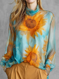 Women's Floral Print Mock Neck Blouse with Long Sleeves and Contrast Design