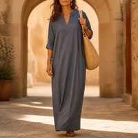 Women's Boho Striped V-Neck Maxi Dress with Long Sleeves and Pockets