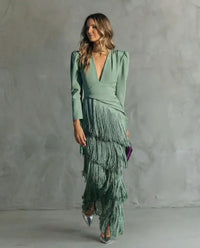 Women's Elegant Dress with Fringe Sleeves and Sophisticated Silhouette
