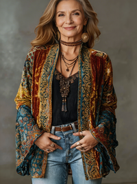 Women's Bohemian Patchwork Kimono Cardigan with Open-Front Design