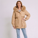 Women's Belted Puffer Winter Coat with Fur Collar and Warm Design