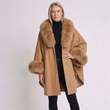 Women's Tailored Poncho Cape Coat with Fur Collar and Elegant Design