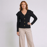 Women's Ribbed Cardigan with Gold Buttons and Cape Collar