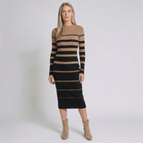 Women's Striped Midi Dress with Long Sleeves and Classic Everyday Style