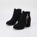 Women's Black Ankle Boots with Block Heel and Heart Charm Zipper