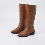 Women's Knee-High Riding Boots with Low Heel and Buckle Strap