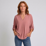 Women's V-Neck Long Sleeve Blouse with Button Front Detail