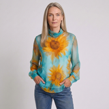 Women's Floral Print Mock Neck Blouse with Long Sleeves and Contrast Design