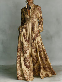 Women's Maxi Dress with Stand Collar and A-Line Silhouette