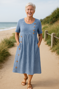Women's Striped Short Sleeve Midi Dress with Button Front Detail