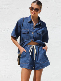 Women's Button-Down Two-Piece Set with Short Sleeves and Casual Chic Style