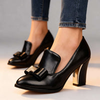 Women's Bow Detail Loafer Pumps with Block Heel and Feminine Style